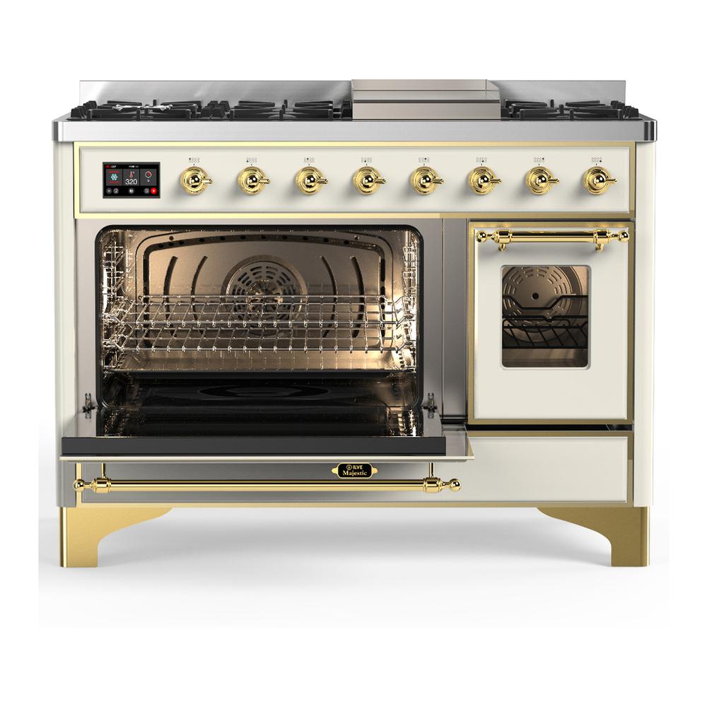 ILVE UM48FNR3AWG Majestic III 48 inch Dual Fuel Range with 8 Burners and Griddle, Dual Function Burner up to 25,000 BTU (Natural Gas, Triple Glass Door, Antique White, Brass)