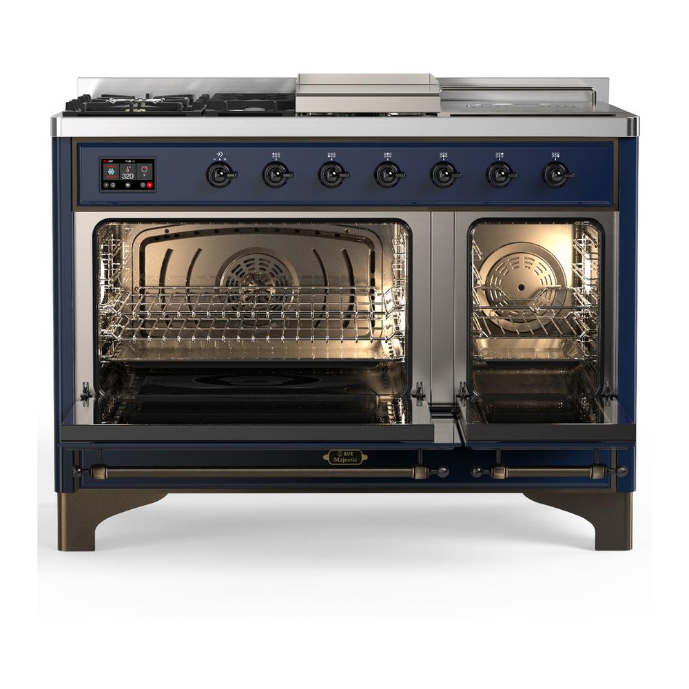 ILVE UM48FSQNR3MBBLP Majestic III 48 inch Dual Fuel Range with 5 Black Brass Burners, Griddle and French Top, Dual Function Burner up to 25,000 BTU (Liquid Propane, Solid Door, Midnight Blue, Burnished)