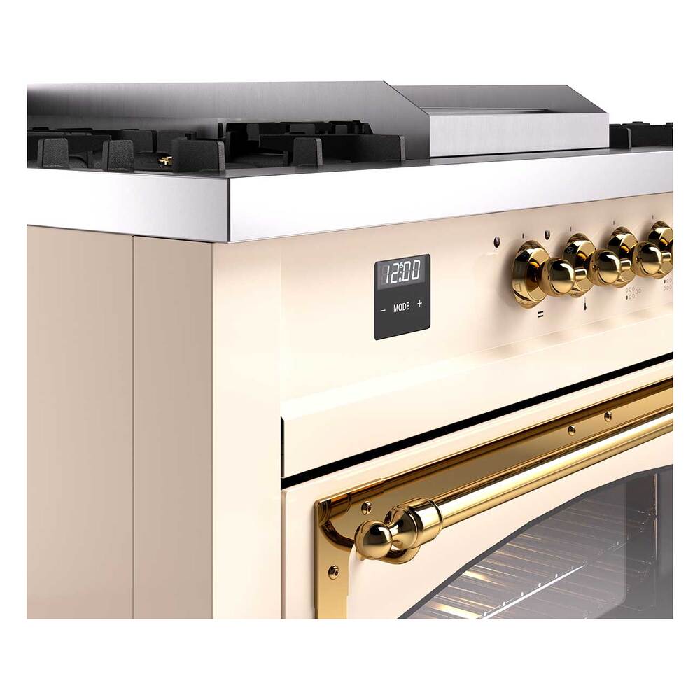 ILVE UN60FSNMPAWGLP Nostalgie II Noblesse 60 inch Dual Fuel Range (7 Sealed Burners + Griddle + French Top, Liquid Propane, Triple Glass Door, Antique White, Brass)