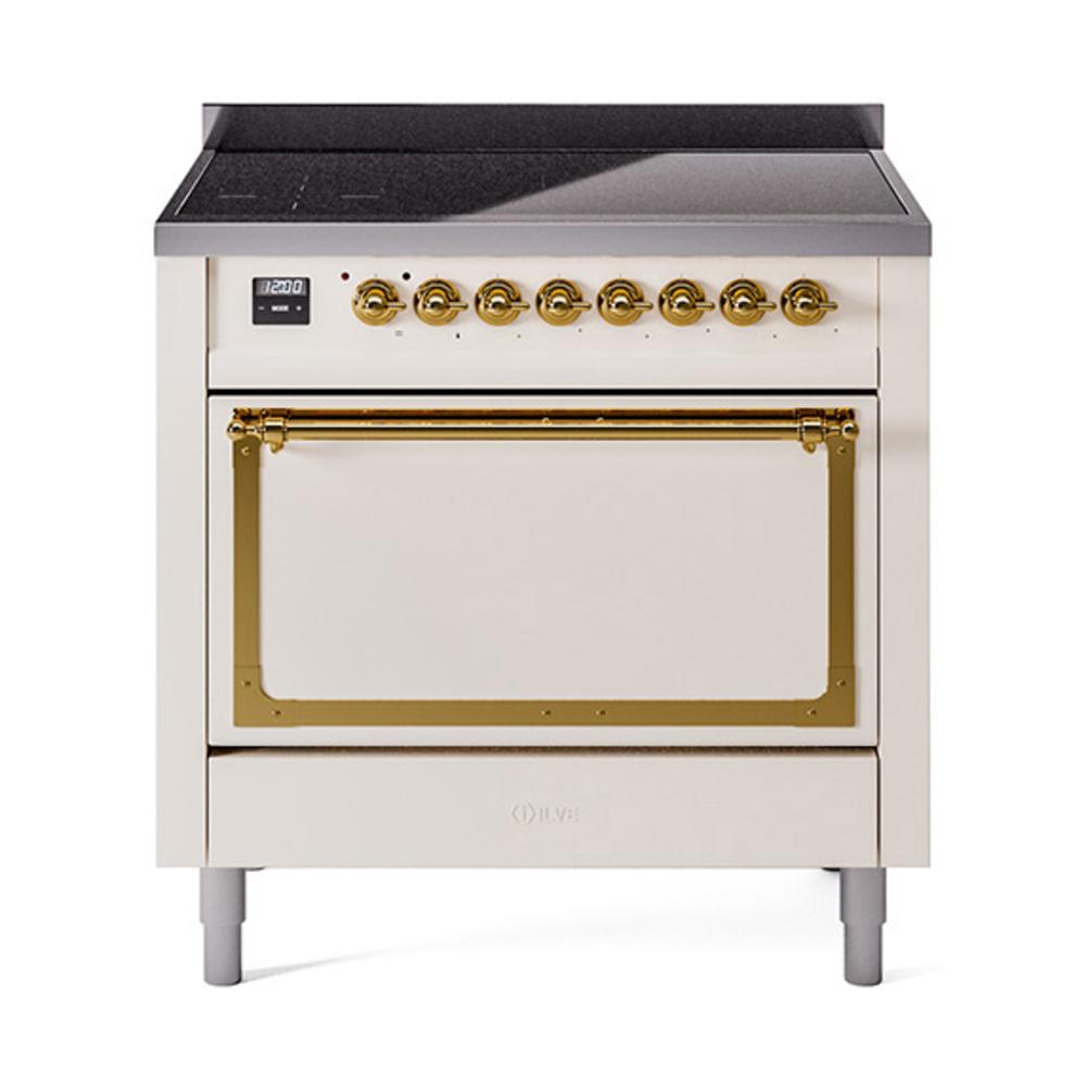ILVE UNI366QNMPAWG Nostalgie II Noblesse 36 inch Induction Range (Solid Door, Antique White, Brass)