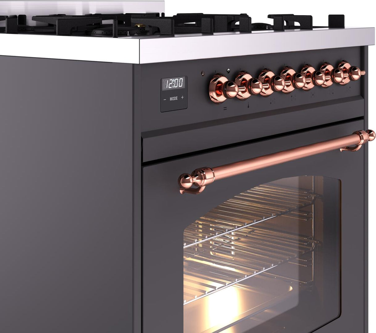 Nostalgie II 30 Inch Dual Fuel Natural Gas Freestanding Range in Matte Graphite with Copper Trim
