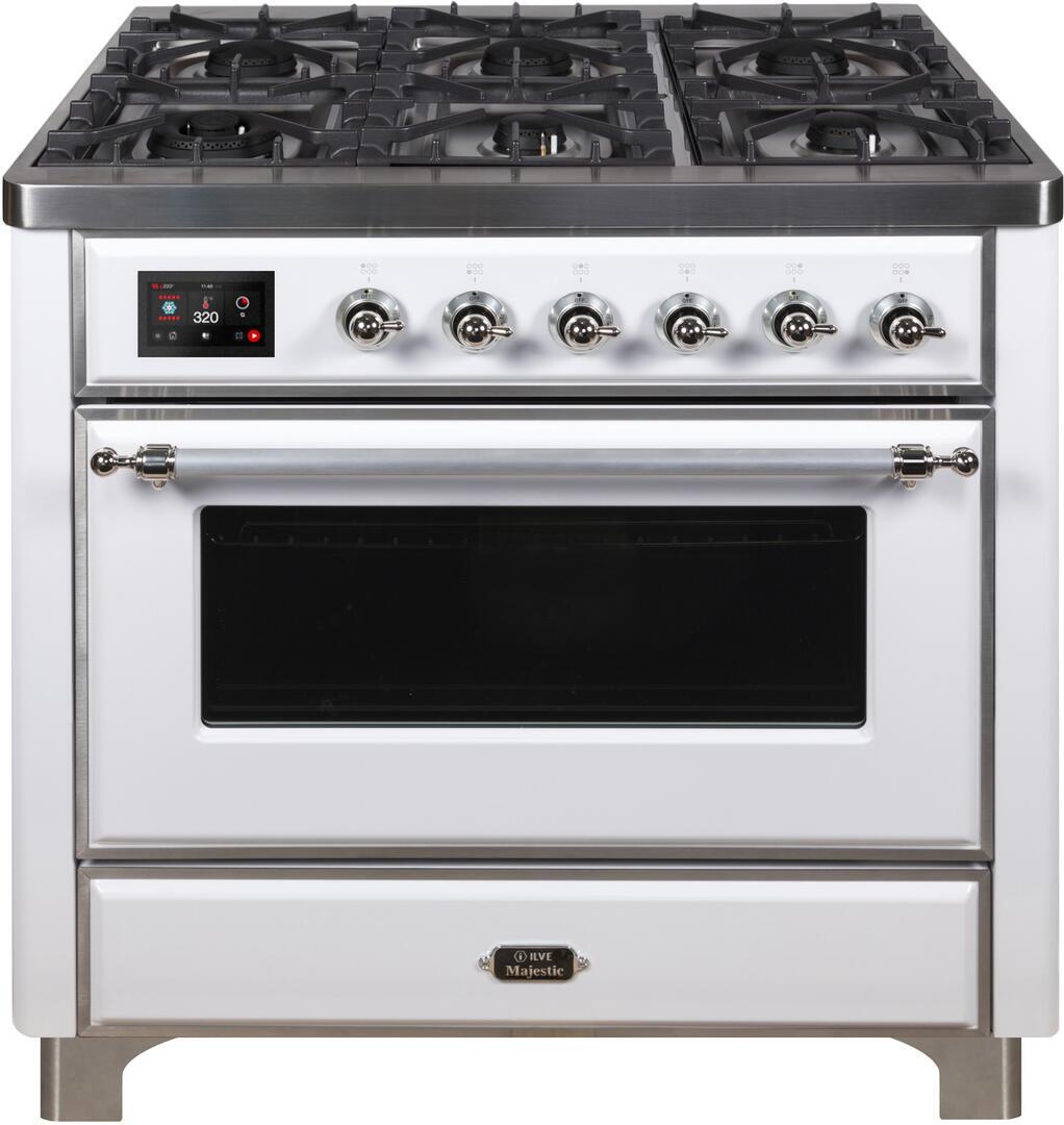 Majestic II 36 Inch Dual Fuel Natural Gas Freestanding Range in White with Chrome Trim
