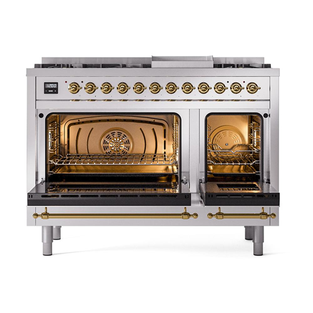 ILVE UN48FNMPSSGLP Nostalgie II Noblesse 48 inch Dual Fuel Range (8 Sealed Burners + Griddle, Liquid Propane, Triple Glass Door, Stainless Steel, Brass)