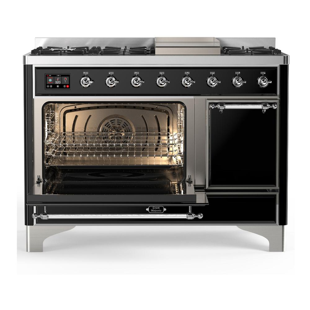 ILVE UM48FQNR3BKCLP Majestic III 48 inch Dual Fuel Range with 8 Burners and Griddle, Dual Function Burner up to 25,000 BTU (Liquid Propane, Solid Door, Glossy Black, Chrome)