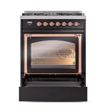 ILVE UN30NMPBKP Nostalgie II Noblesse 30 inch Dual Fuel Range (Natural Gas, Triple Glass Door, Glossy Black, Copper)