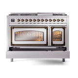 ILVE UN48FNMPSSBLP Nostalgie II Noblesse 48 inch Dual Fuel Range (8 Sealed Burners + Griddle, Liquid Propane, Triple Glass Door, Stainless Steel, Burnished)
