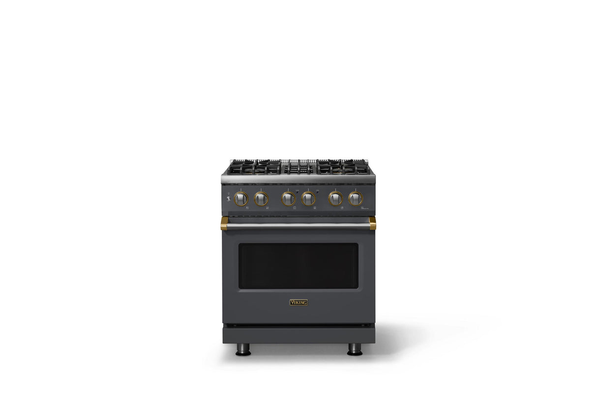 30"W. Dual Fuel Range (Finish: Cast Black, Trim: Brushed Brass, Fuel: Propane)