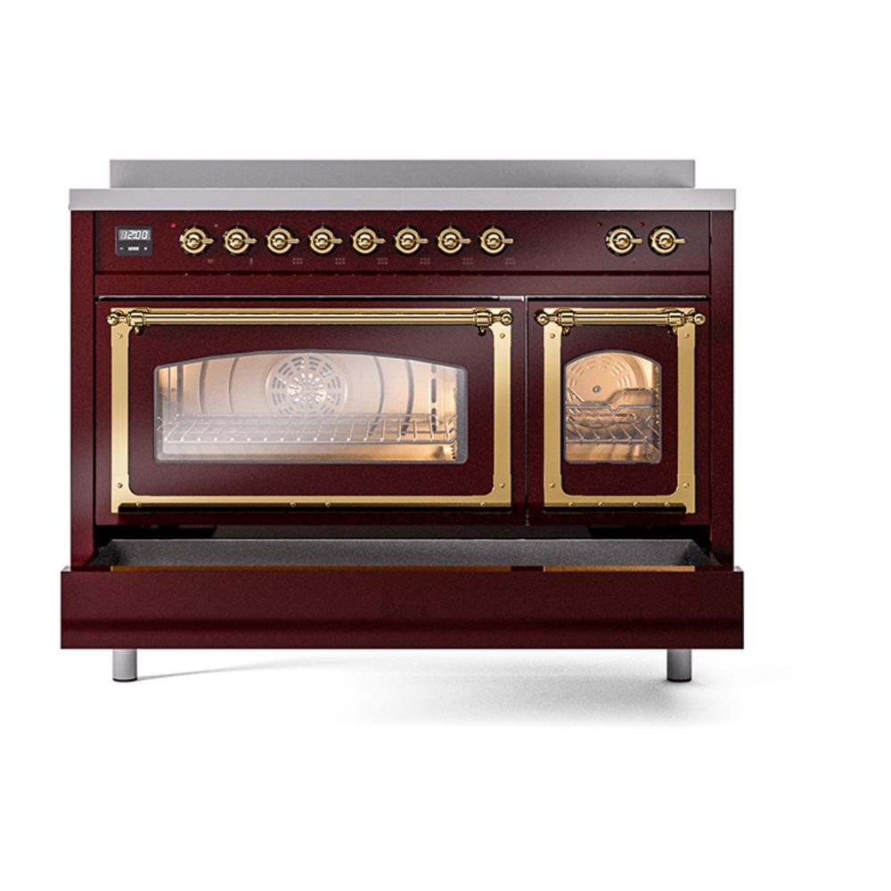 ILVE UNI486NMPBUG Nostalgie II Noblesse 48 inch Induction Range (Triple Glass Door, Burgundy, Brass)