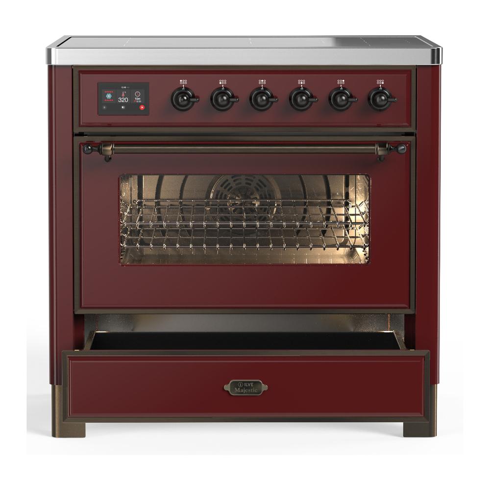 ILVE UMIB36NR3BUB Majestic III 36 inch Induction Range with 6 Elements, 3.5 cu. ft. Total Oven Capacity (Triple Glass Door, Burgundy, Burnished)