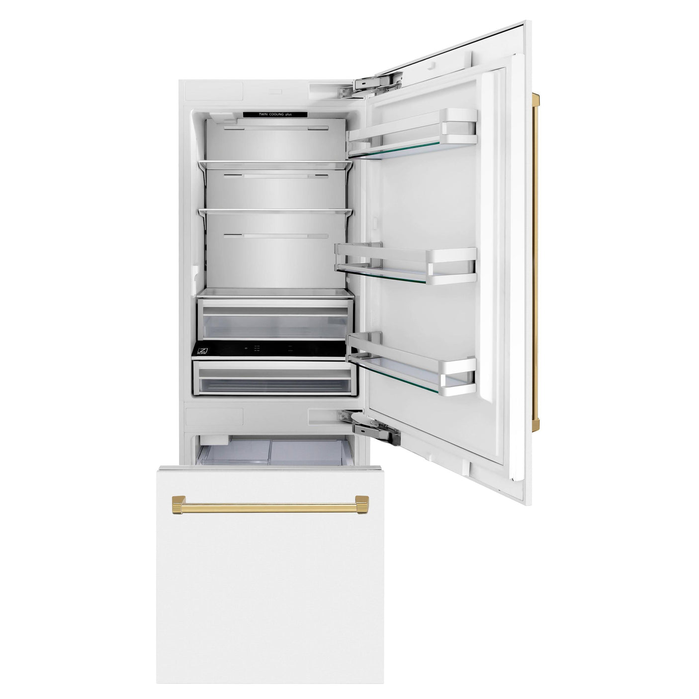 ZLINE 30" Autograph Edition 16.1 cu. ft. Built-in 2-Door Bottom Freezer Refrigerator with Internal Water and Ice Dispenser in White Matte with Polished Gold Accents (RBIVZ-WM-30-G)