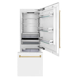 ZLINE 30" Autograph Edition 16.1 cu. ft. Built-in 2-Door Bottom Freezer Refrigerator with Internal Water and Ice Dispenser in White Matte with Polished Gold Accents (RBIVZ-WM-30-G)