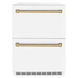 ZLINE Autograph Edition 24 in. Touchstone 168 Can Outdoor-Rated Dual Refrigerator Drawer with White Matte Doors and Champagne Bronze Handles (RDSOZ-WM-24-CB)