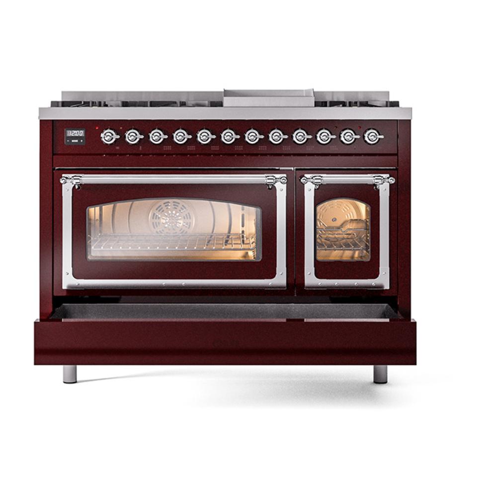 ILVE UN48FNMPBUCLP Nostalgie II Noblesse 48 inch Dual Fuel Range (8 Sealed Burners + Griddle, Liquid Propane, Triple Glass Door, Burgundy, Chrome)