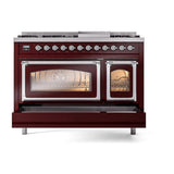 ILVE UN48FNMPBUCLP Nostalgie II Noblesse 48 inch Dual Fuel Range (8 Sealed Burners + Griddle, Liquid Propane, Triple Glass Door, Burgundy, Chrome)