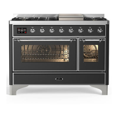 ILVE UM48FNR3MGCLP Majestic III 48 inch Dual Fuel Range with 8 Burners and Griddle, Dual Function Burner up to 25,000 BTU (Liquid Propane, Triple Glass Door, Graphite Matte, Chrome)