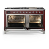 ILVE UM60FQNR3BUCLP Majestic III 60 inch Dual Fuel Range with 9 Burners and Griddle, Dual Function Burner up to 25,000 BTU (Liquid Propane, Solid Door, Burgundy, Chrome)