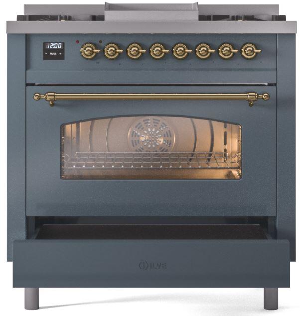 Nostalgie II 36 Inch Dual Fuel Liquid Propane Freestanding Range in Blue Grey with Brass Trim