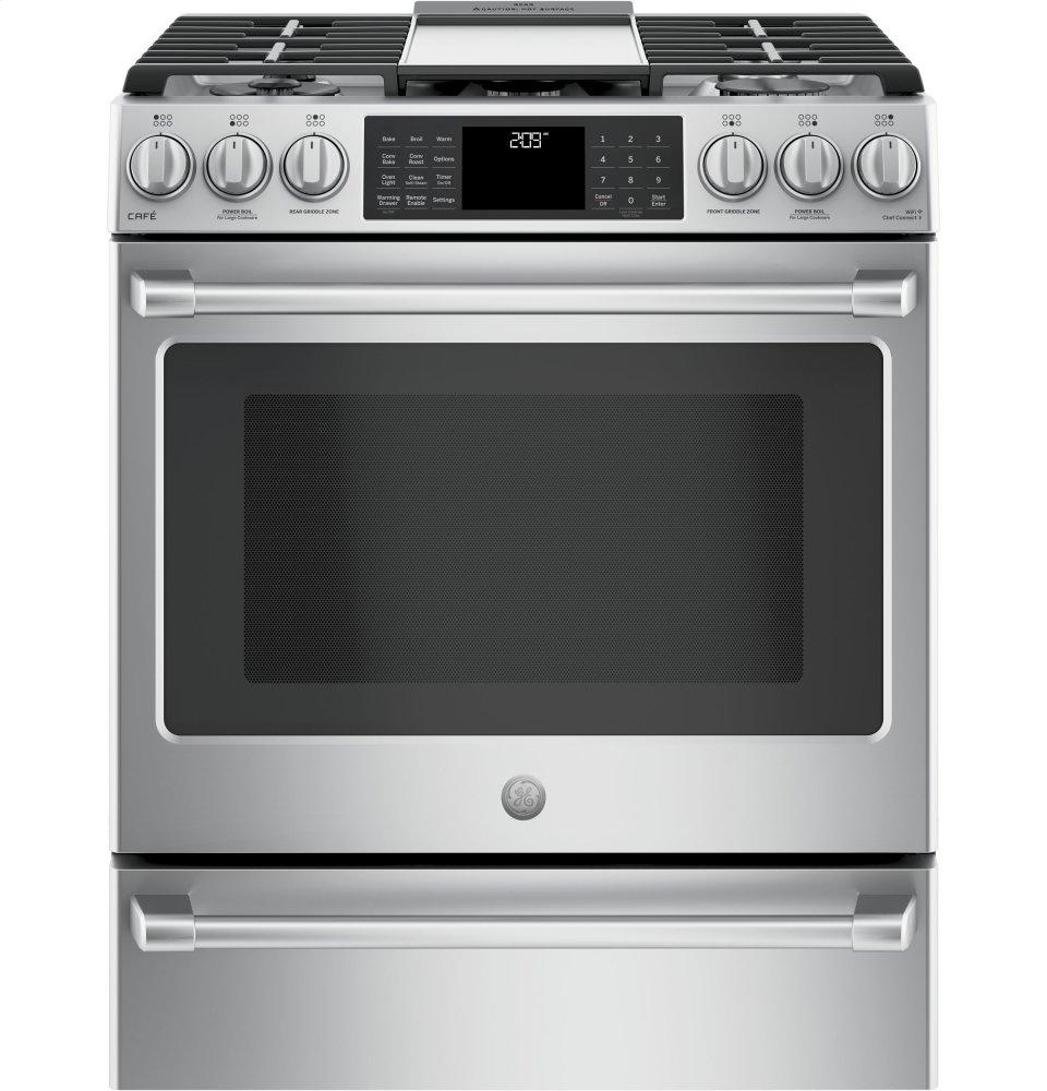 GE Cafe™ Series 30" Slide-In Front Control Dual-Fuel Range with Warming Drawer