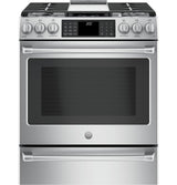 GE Cafe™ Series 30" Slide-In Front Control Dual-Fuel Range with Warming Drawer