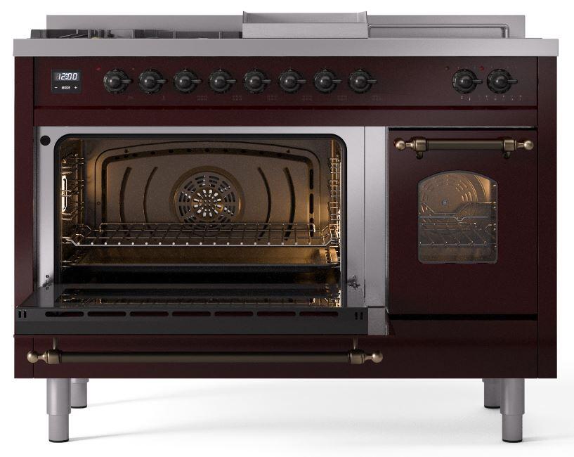 Nostalgie II 48 Inch Dual Fuel Liquid Propane Freestanding Range in Burgundy with Bronze Trim
