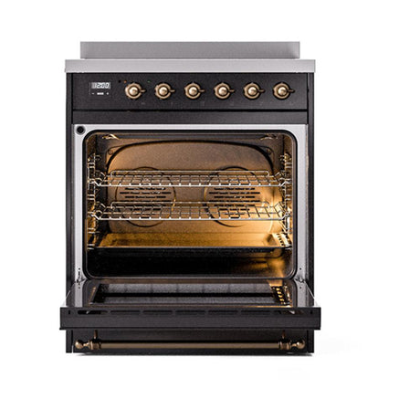 ILVE UNI304QNMPBKB Nostalgie II Noblesse 30 inch Induction Range (Solid Door, Glossy Black, Burnished)