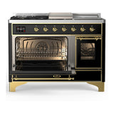 ILVE UM48FSNR3BKG Majestic III 48 inch Dual Fuel Range with 5 Black Brass Burners, Griddle and French Top, Dual Function Burner up to 25,000 BTU (Natural Gas, Triple Glass Door, Glossy Black, Brass)