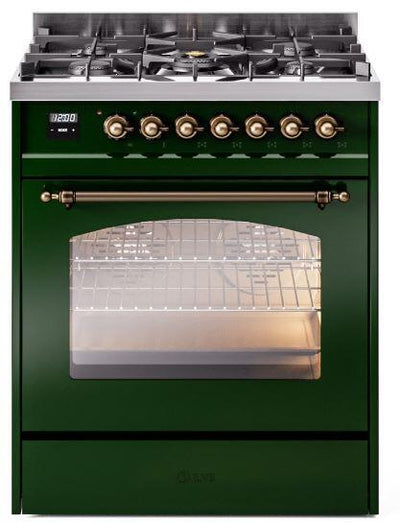Nostalgie II 30 Inch Dual Fuel Liquid Propane Freestanding Range in Emerald Green with Bronze Trim
