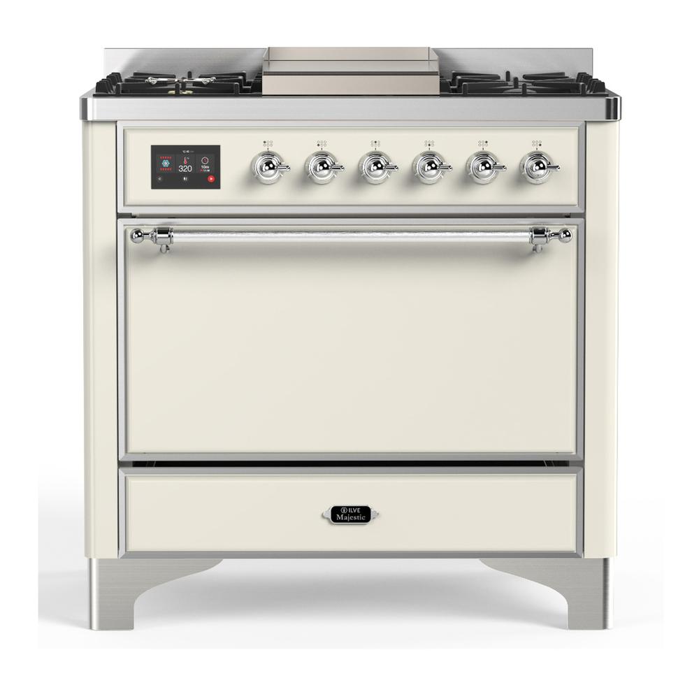 ILVE UM36FQNR3AWC Majestic III 36 inch Dual Fuel Range with 6 Black Brass Burners and Griddle, Dual Function Burner up to 25,000 BTU (Solid Door, Antique White, Chrome, Natural Gas)