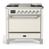 ILVE UM36FQNR3AWC Majestic III 36 inch Dual Fuel Range with 6 Black Brass Burners and Griddle, Dual Function Burner up to 25,000 BTU (Solid Door, Antique White, Chrome, Natural Gas)