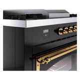 ILVE UN60FSNMPBKGLP Nostalgie II Noblesse 60 inch Dual Fuel Range (7 Sealed Burners + Griddle + French Top, Liquid Propane, Triple Glass Door, Glossy Black, Brass)