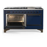 ILVE UM60FQNR3MBBLP Majestic III 60 inch Dual Fuel Range with 9 Burners and Griddle, Dual Function Burner up to 25,000 BTU (Liquid Propane, Solid Door, Midnight Blue, Burnished)