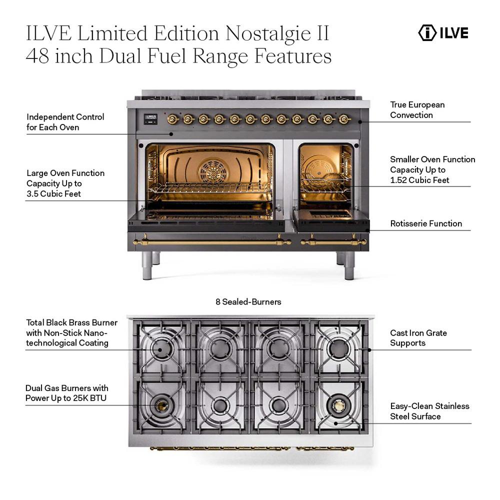 ILVE UP488NMPMGG Nostalgie II 48 inch Dual Fuel Range with 8 Total Black Brass Sealed Burners, Brass Trim (Limited Edition) (Natural Gas, Graphite Matte)