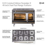 ILVE UP488NMPMGG Nostalgie II 48 inch Dual Fuel Range with 8 Total Black Brass Sealed Burners, Brass Trim (Limited Edition) (Natural Gas, Graphite Matte)