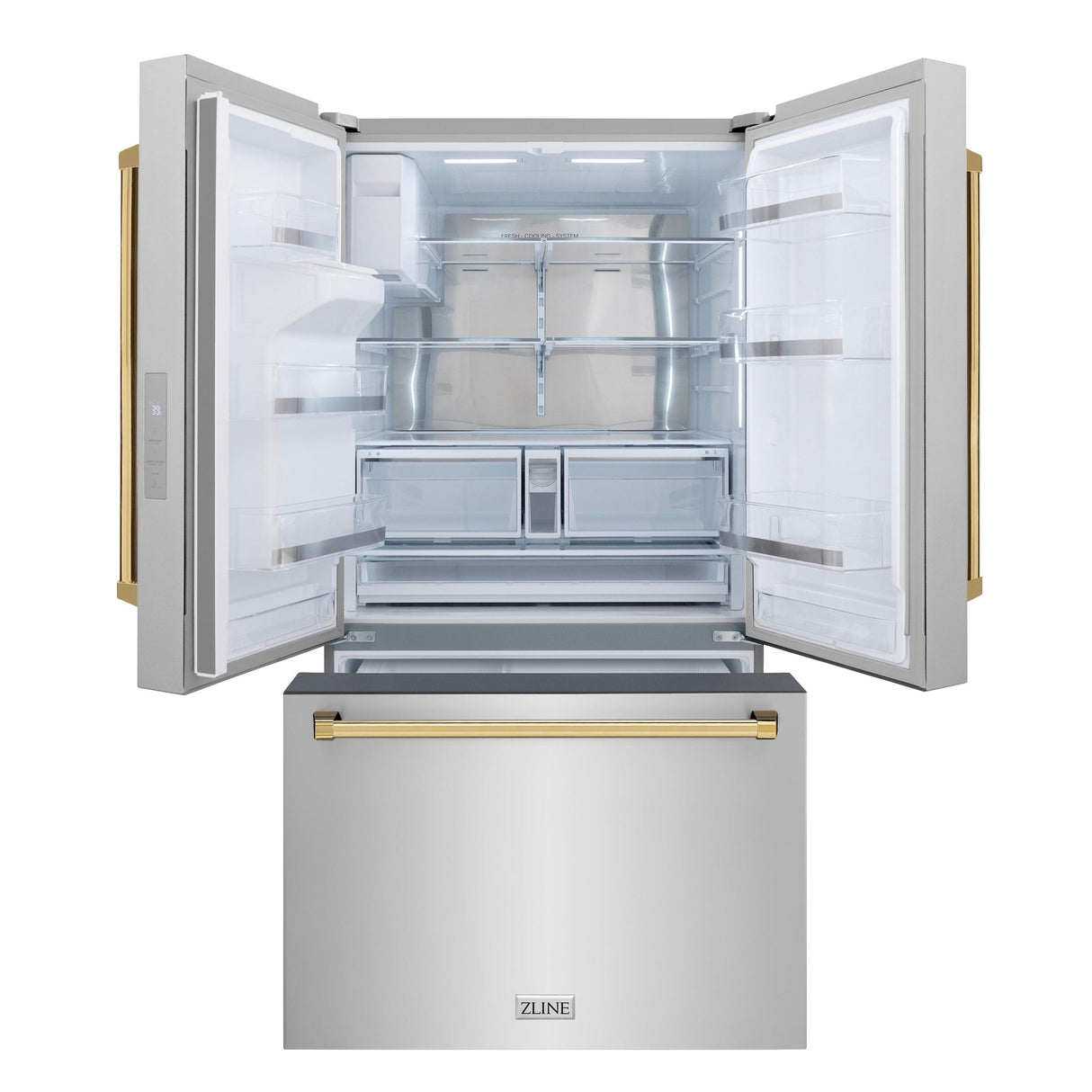 ZLINE Autograph Edition 36 in. 28.9 cu. ft. Standard-Depth French Door External Water Dispenser Refrigerator with Dual Ice Maker in Fingerprint Resistant Stainless Steel and Polished Gold Traditional Handles (RSMZ-W-36-G)