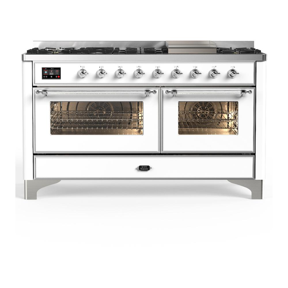 ILVE UM60FNR3WHCLP Majestic III 60 inch Dual Fuel Range with 9 Burners and Griddle, Dual Function Burner up to 25,000 BTU (Liquid Propane, Triple Glass Door, White, Chrome)