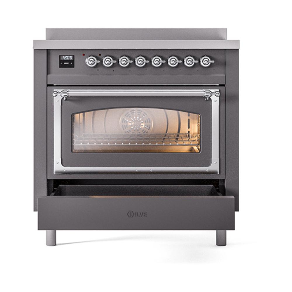 ILVE UNI366NMPMGC Nostalgie II Noblesse 36 inch Induction Range (Triple Glass Door, Graphite Matte, Chrome)