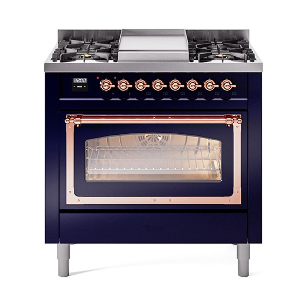 ILVE UN36FNMPMBPLP Nostalgie II Noblesse 36 inch Dual Fuel Range (Liquid Propane, Triple Glass Door, Midnight Blue, Copper)