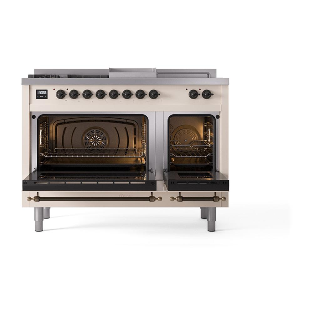 ILVE UN48FSNMPAWBLP Nostalgie II Noblesse 48 inch Dual Fuel Range (5 Sealed Burners + Griddle + French Top, Liquid Propane, Triple Glass Door, Antique White, Burnished)