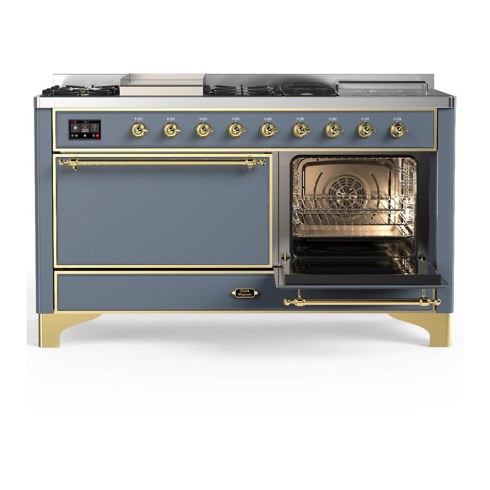 ILVE UM60FSQNR3BGGLP Majestic III 60 inch Dual Fuel Range with 7 Burners, Griddle and French Top, Dual Function Burner with up to 25,000 BTU (Liquid Propane, Solid Door, Blue Grey, Brass)