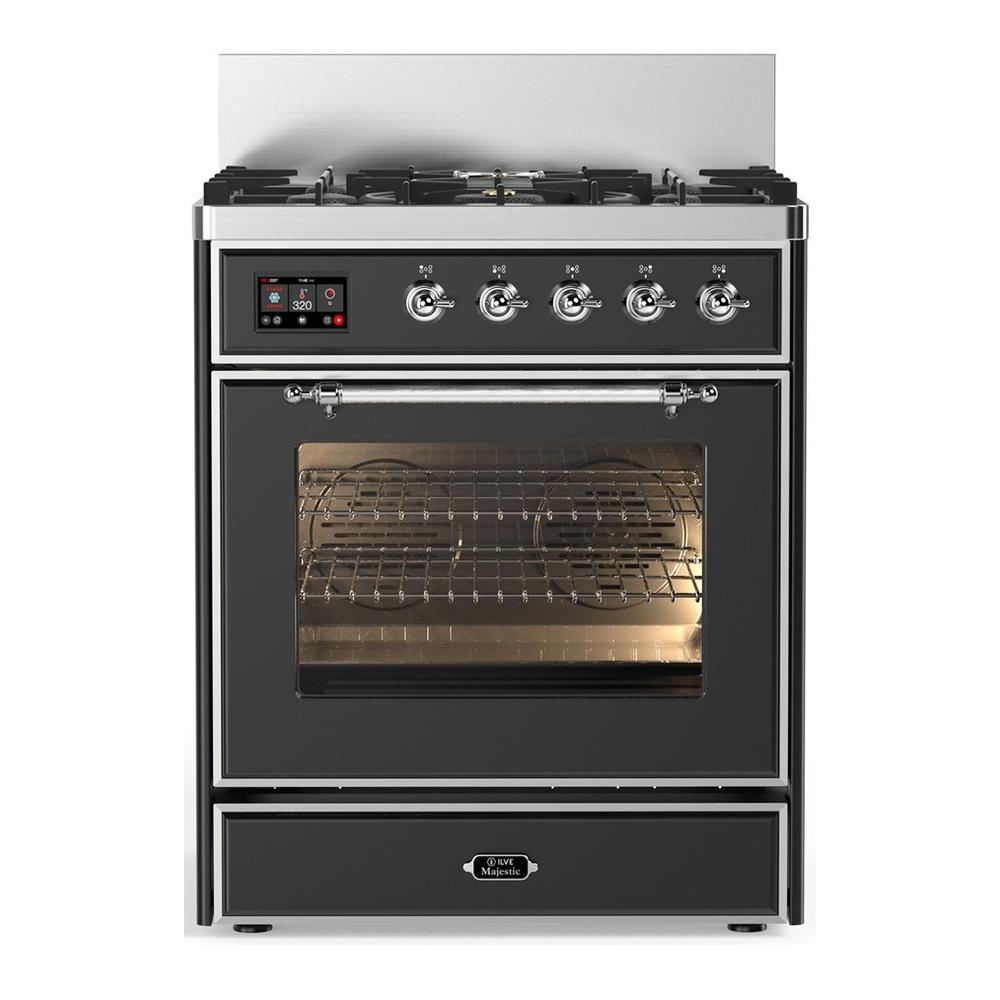 ILVE UM30NR3MGC Majestic III 30 inch Dual Fuel Range with 5 Black Brass Burners, Dual Function Burner up to 25,000 BTU (Natural Gas, Triple Glass Door, Graphite Matte, Chrome)