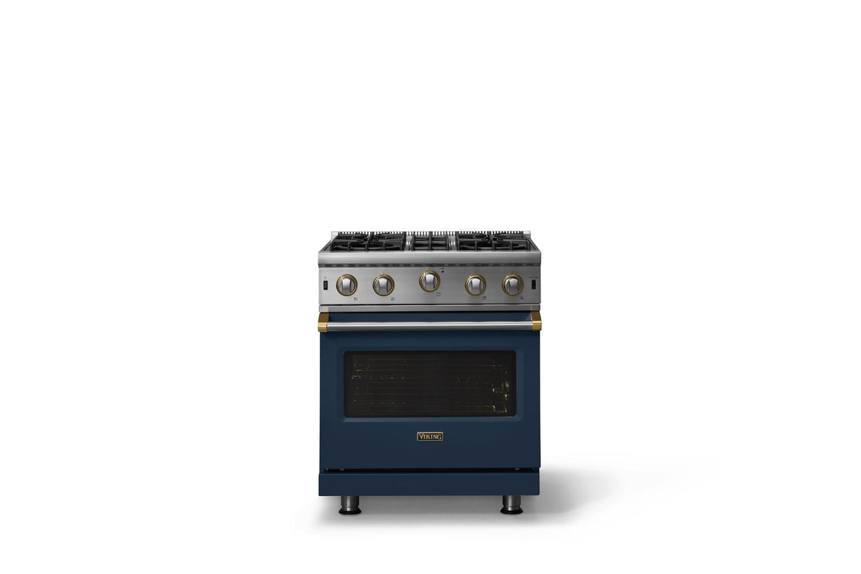 30"W. Open Burner Gas Range (Finish: Slate Blue, Trim: Brushed Brass, Fuel: Natural Gas)
