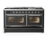 ILVE UM60FNR3MGC Majestic III 60 inch Dual Fuel Range with 9 Burners and Griddle, Dual Function Burner up to 25,000 BTU (Natural Gas, Triple Glass Door, Graphite Matte, Chrome)