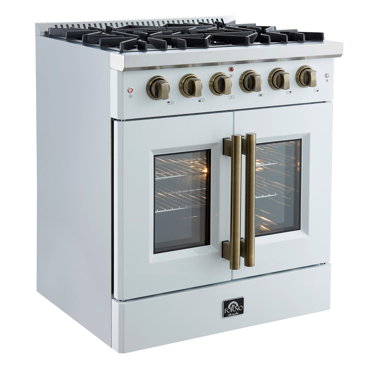 Forno Galiano 30-inch French Door Gas RangenWhite with Antique Brass Design, 5 Burners,n68,000 BTU, 4.32 cu.ft. Convection Oven