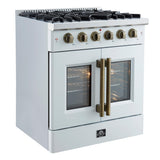 Forno Galiano 30-inch French Door Gas RangenWhite with Antique Brass Design, 5 Burners,n68,000 BTU, 4.32 cu.ft. Convection Oven