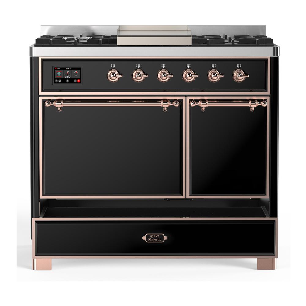 ILVE UMD40FQNR3BKPLP Majestic III 40 inch Dual Fuel Range with 6 Burners and Griddle, Dual Function Burner up to 25,000 BTU (Liquid Propane, Solid Door, Glossy Black, Copper)