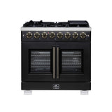 Forno Capriasca 36 Inch Freestanding French Door Dual Fuel Range in Black with Antique Brass Accessories, 6 Burners, True Convection Oven