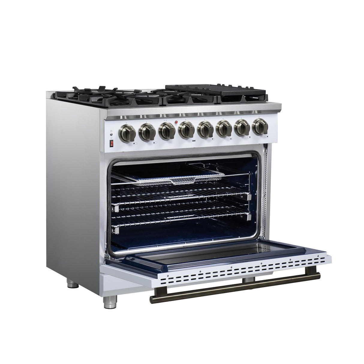 Forno Massimo 36 Inch Freestanding Dual Fuel Range in White with Antique Brass Accessories, 6 Burners, 5.36 cu. ft. Convection Oven