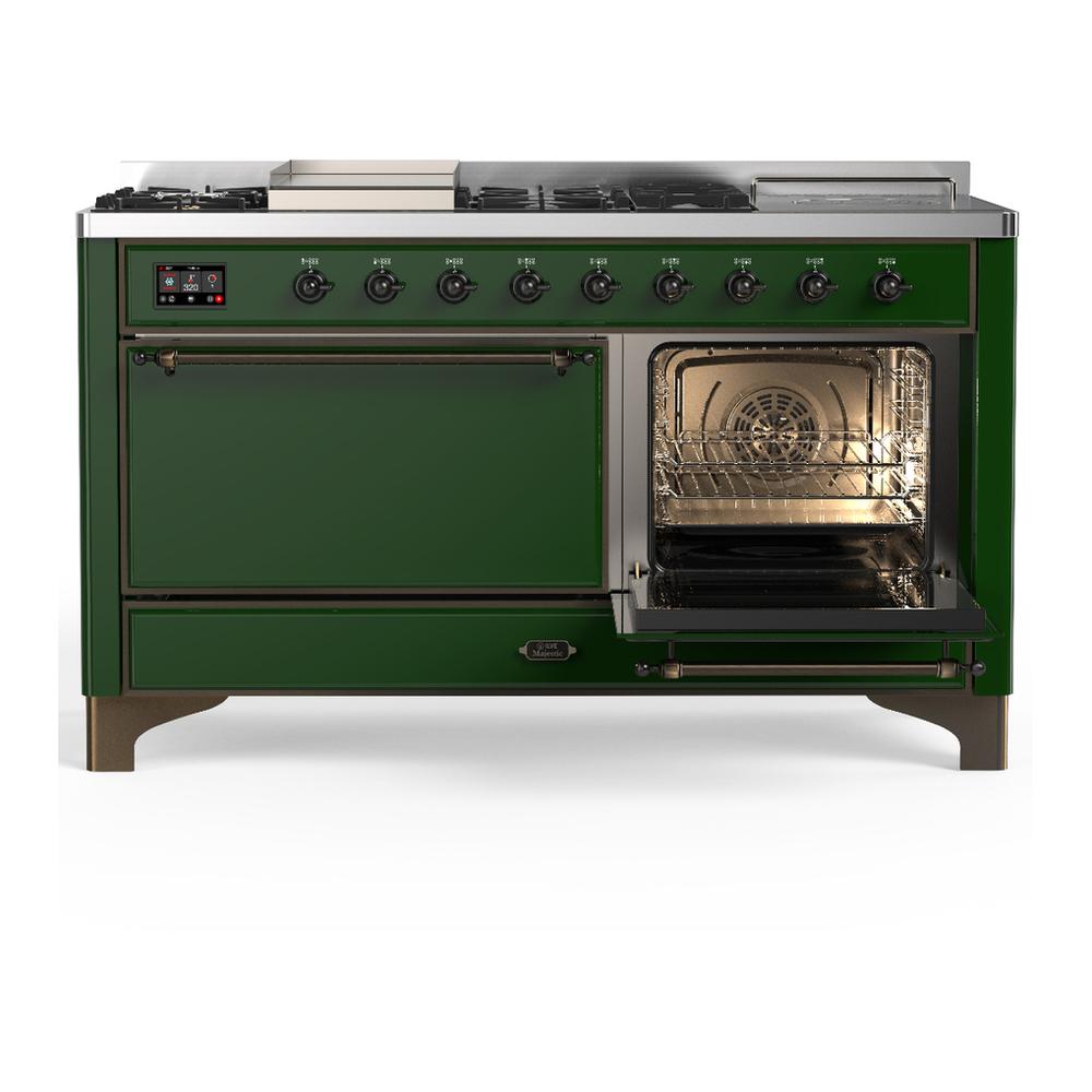 ILVE UM60FSQNR3EGB Majestic III 60 inch Dual Fuel Range with 7 Burners, Griddle and French Top, Dual Function Burner with up to 25,000 BTU (Natural Gas, Solid Door, Emerald Green, Burnished)