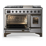 ILVE UM48FNR3SSBLP Majestic III 48 inch Dual Fuel Range with 8 Burners and Griddle, Dual Function Burner up to 25,000 BTU (Liquid Propane, Triple Glass Door, Stainless Steel, Burnished)