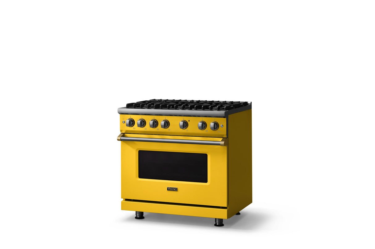 36"W. Sealed Burner Gas Range (Burner: 6b, Finish: Daffodil, Trim: Brushed Brass, Fuel: Natural Gas)